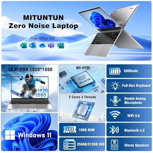 MITUNTUN 2026 New Laptop Computer, 15.6 Inch Window 11 Pro Lap Top PC 16GB RAM 256GB SSD, Core M3(Beat N4000), 2-Year Warranty, Office 365, FHD 1920 * 1080, 180°Open, UHD Graphics