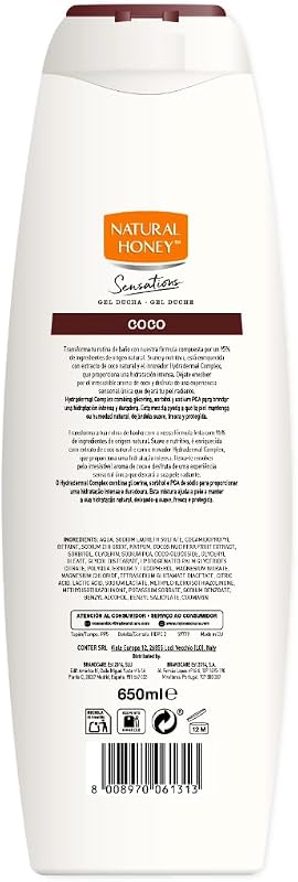 , Gel de Ducha con Extracto Natural de Coco Hidratante y Suavizante, con Hydradermal Complex para una Piel Suave, Fresca y Protegida, Aroma Tropical, Línea Sensations, 650 ml