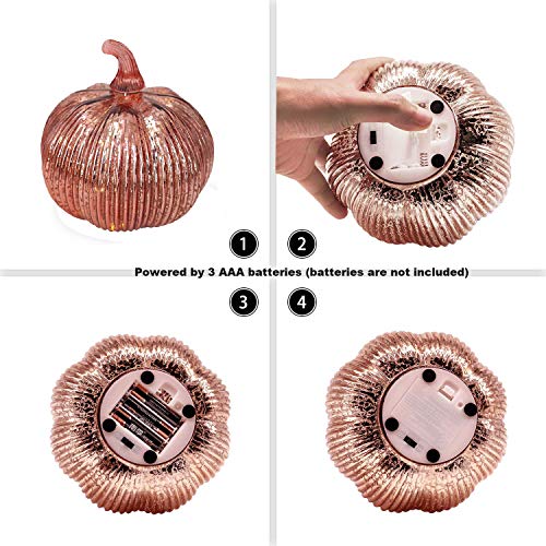 Hvfun Rosegold Thanksgiving Decorative Artificial Pumpkins-Mercury Glass Light up Pumpkin with Timer- Table Centerpieces for Home Decor