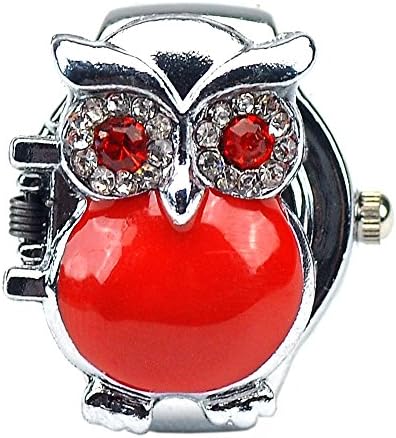 Women's Fashion Lovely Owl Crystals Quartz Finger Ring Watch with Gift Box (Red)