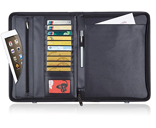 Business Portfolio Padfolio Binder Premium PU Leather Professional Padfolio, Interview Resume Portfolio Binder with Secure Zippered Closure IPad/Tablet Sleeve - Notepad & Business Card Holder