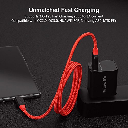 USB Type C Cable, BlitzWolf 3.3ft 3A Durable Nylon Braided USB 2.0 to Type C Cable Data Transfer or Charging Cord with Magic Tape Strap for New MacBook, Google ChromeBook Pixel, Nexus 5X, (3.3ft Grey)
