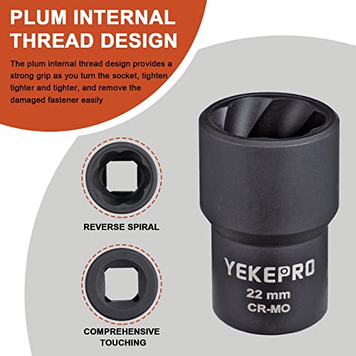 YEKEPRO 6 PCS Lug Nut Removal Tool, 1/2-inch Drive Impact Twist Socket Set & Bolt Extractor Set, Wheel Lock Removal Kit for Removing Damaged, Frozen, Rusted, Nuts & Screws, Cr-Mo Steel, T12206