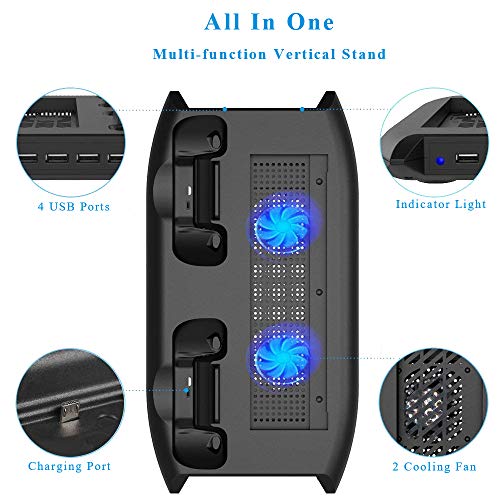 TPFOON Xbox One S Vertical Stand Cooling Fan with Dual Controller Charging Station and 4-Port USB Hub for Xbox One Slim Console, 8 Thumb Grips Included