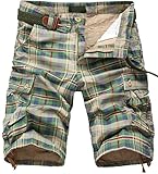 XQS Mens Newest Cotton Multi-Pocket Plaid Cargo Shorts No Belt