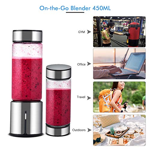 Portable Blender, TTLIFE 2 Cup Cover Personal Juicer Blender with 15oz, 5000mAH USB Rechargeable Cordless Smoothie Glass Blender for Travel, Gym, Picnic, Office, Home, Kitchen (FDA, BPA free)