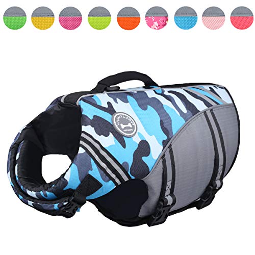 Vivaglory New Sports Style Ripstop Dog Life Jacket with Superior Buoyancy & Rescue Handle, Camo Blue, L