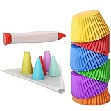 BakeitFun Silicone Cupcake Liners Set | Pack of 12 Standard Reusable Non Stick Baking Cups in 6 Colours + Piping Bag and Decor Tips + Decoration Pen | German Food Grade