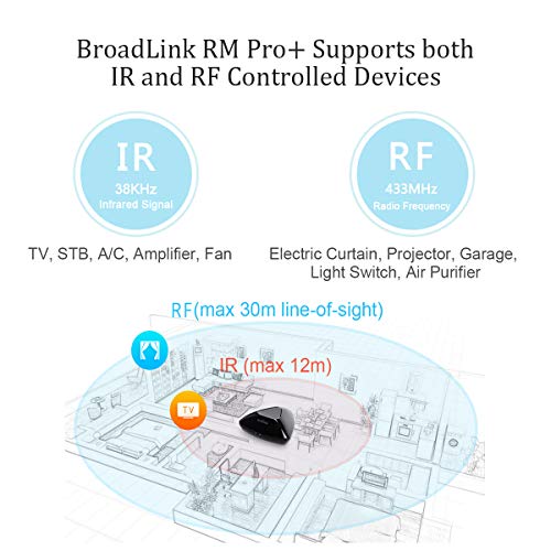 BroadLink RM Pro+ WiFi Smart Home Hub, IR RF All in One Automation Learning Universal Remote Control Compatible for Apple Android Smartphones, Compatible with Alexa, Black