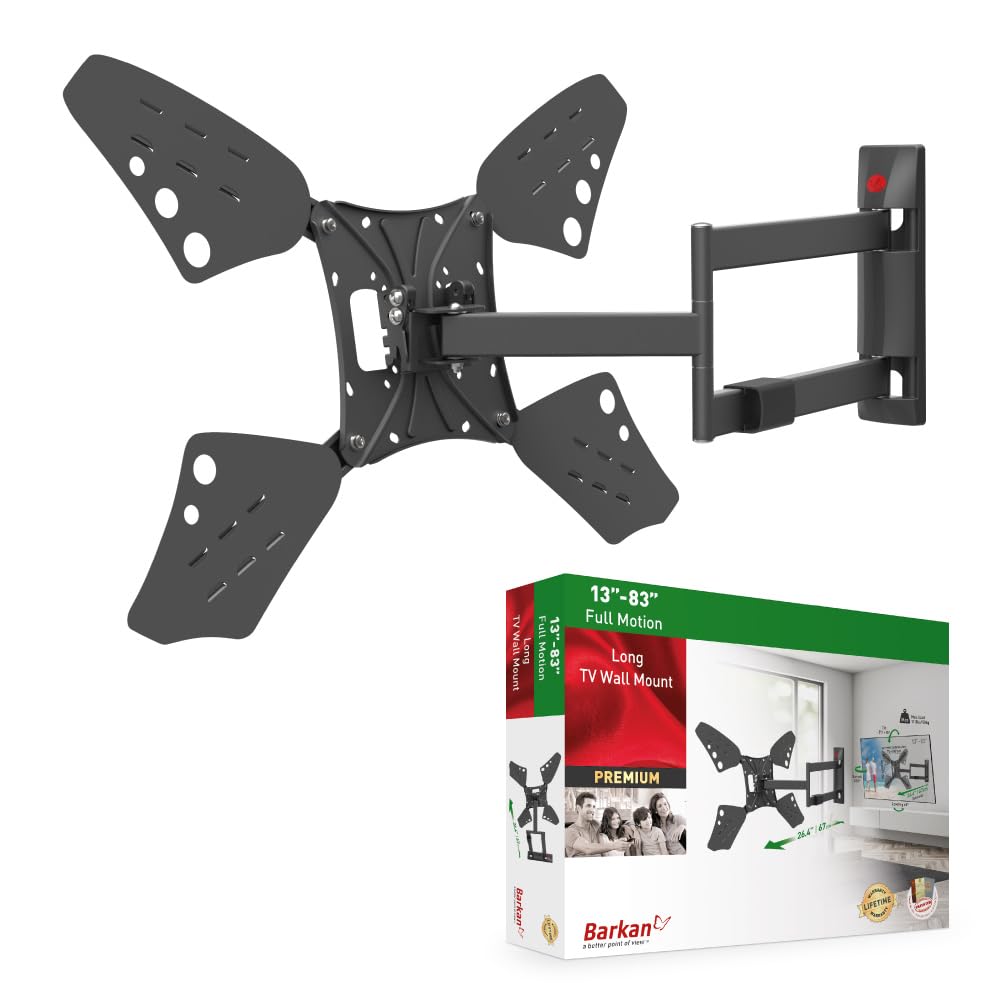 Barkan Long TV Wall Mount, 13-80 inch Full Motion Articulating - 4 Movement Flat/Curved Screen Bracket, Holds up to 110lbs, Extremely Extendable, Fits LED OLED LCD
