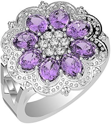 GOURIK 3.50ct, Gemstone Genuine Amethyst 4x5mm Oval &amp; Silver Plated Multistone Cocktail Ring