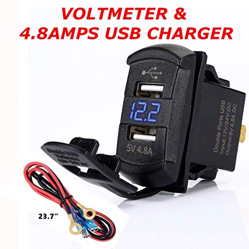 Switchtec 4.8 Amps Dual USB Rocker Style Charger w/Blue Voltmeter for Boats, Polaris RZR 900, RZR 1000, Ranger, Mobile Home, RV, Can Am Spyders, Can Am Maverick, Can AM SxS, Golf Cart (4.8A Blue)
