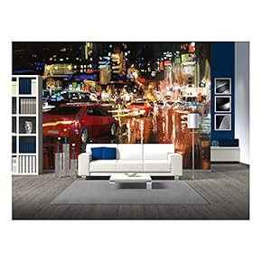 Digital Painting of City Street at Night with Colorful Lights. - Removable Wall Mural | Self-Adhesive Large Wallpaper - 66x96 inches
