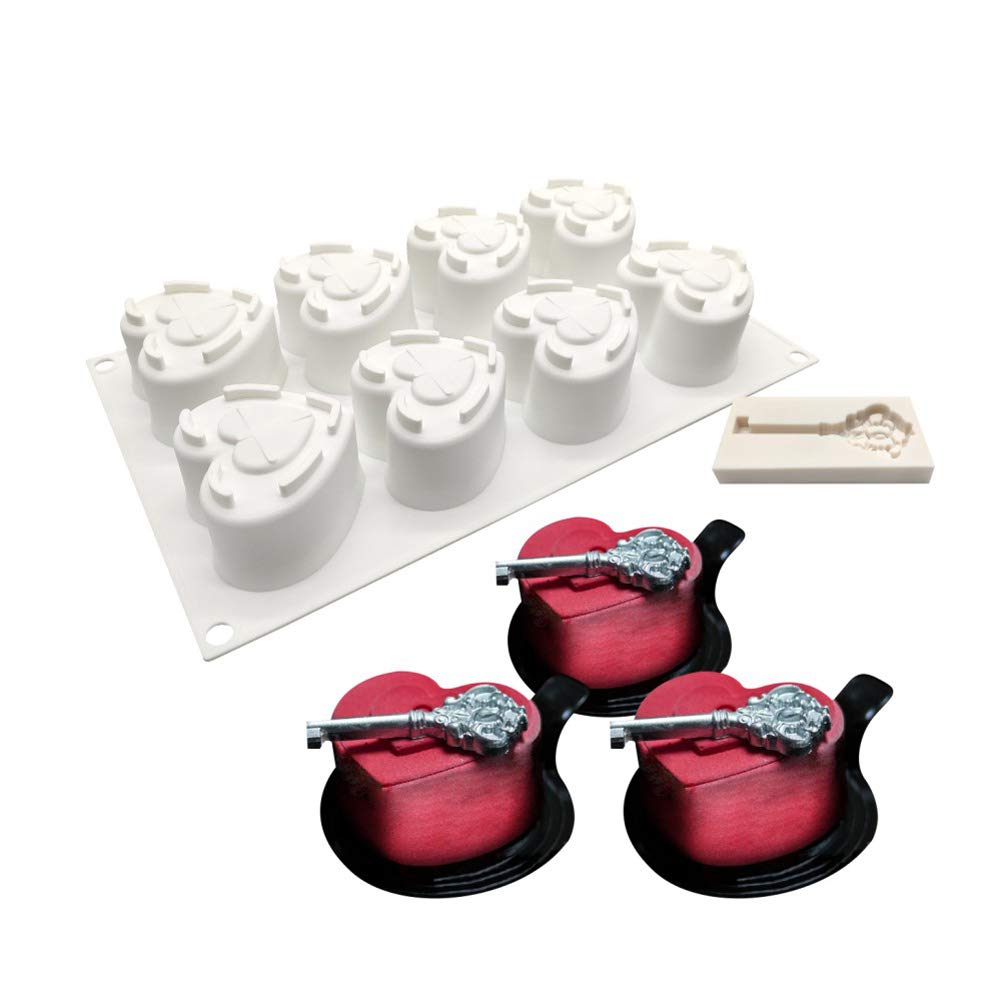 Silicone Mould for Cake Jelly Pudding Candy Chocolate, 8 Holes Heart with Key