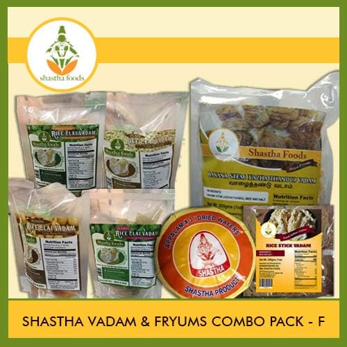 Shastha Vadam Combo Pack F (Contains 10 Items) Elai Vadam (4 Flavors) - 4 Pkts, Vazhathandu Vadam - 2 Pkts, Rice Stick Vadam - 2 Pkts & Appalam # 3 - 2 Pkts (T-M)