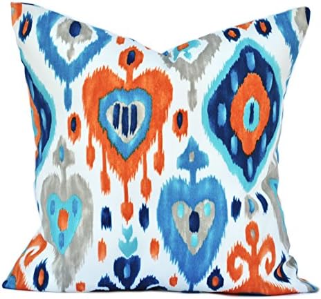 One indoor/outdoor ikat print pillow cover, cushion, decorative throw pillow, Yellow Red Turquoise pillow, Outdoor pillow