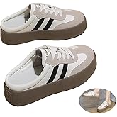 Backless Mules for Women - Slip on Platform Canvas Mules - Comfortable Flat Loafer - Easy On Off Casual Shoe - Non Slip Lace Up Breathable Mesh Casual