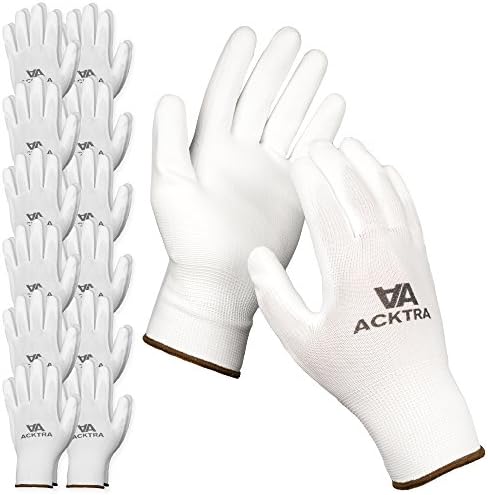 ACKTRA Ultra-Thin PU Safety WORK GLOVES 12 Pairs, WG002 White / White, Small