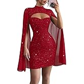 IQLWI Women's Sequin Cloak Sleeve Dress Mock Neck Cocktail Long Flowy Sleeves for Going Out Fromal Prom Party