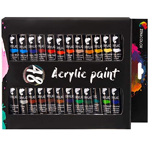 Zenacolor Acrylic Paint, Set of 48 Tubes of 0.4 oz (12 mL) Art Set for