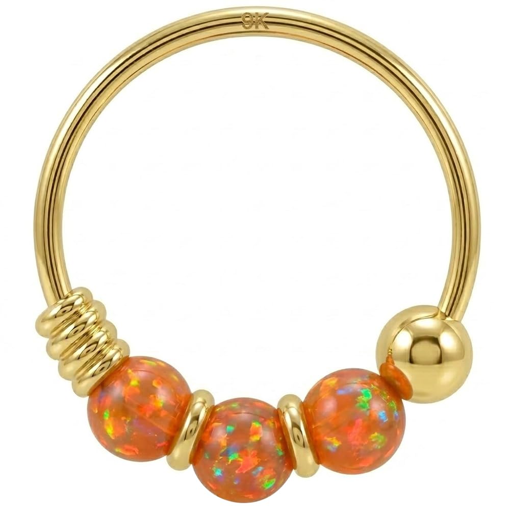 AZARIO LONDON 9K Yellow Gold Nose Ring Triple Orange Opal Bead 22 Gauge Hoop