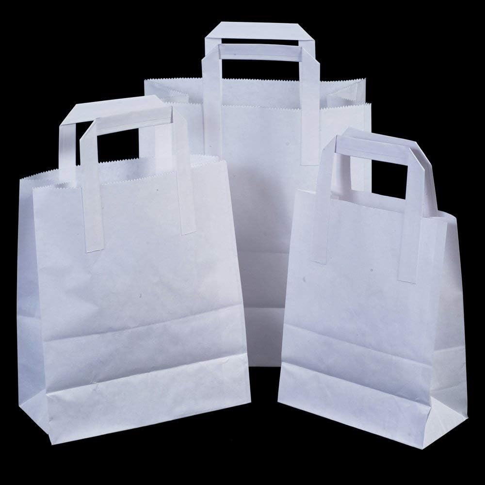 25x White Paper Carrier Bags with Flat Handles - 22cm x 26cm x 11cm