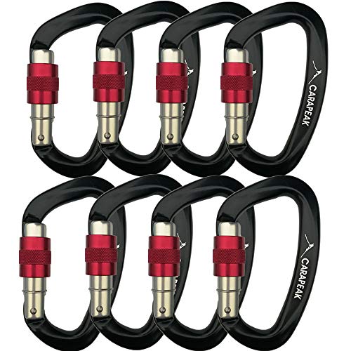 CARAPEAK 25kN Heavy Duty Screwgate Locking Rock Climbing Carabiner Set, 8 Pack Snag-Free D Shaped Screw Lock Carabiner, Strong Aluminum Lockable Clip Black