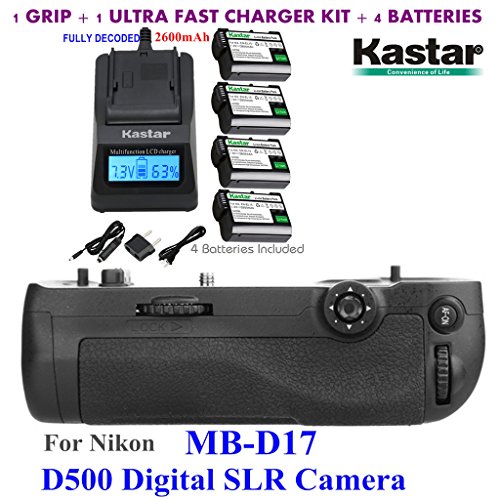 Kastar Pro Multi-Power Vertical Battery Grip (Replacement for MB-D17) + 4x EN-EL15 Replacement Batteries + Ultra Fast Charger Kit for Nikon D500 Digital SLR Camera