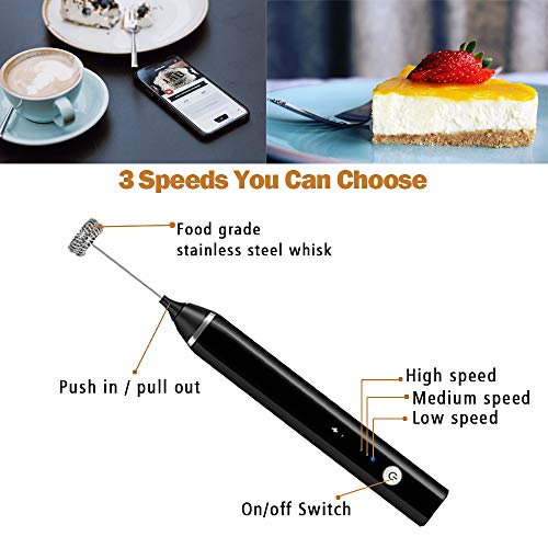 Happlee Milk Frother Handheld Electric Coffee Frother USB Rechargeable 3 Speeds Foam Maker with 2 Whisks, Coffee Spoon, Coffee Art Stencils and Needle for Cappuccino, Latte, Cream, Hot Chocolates