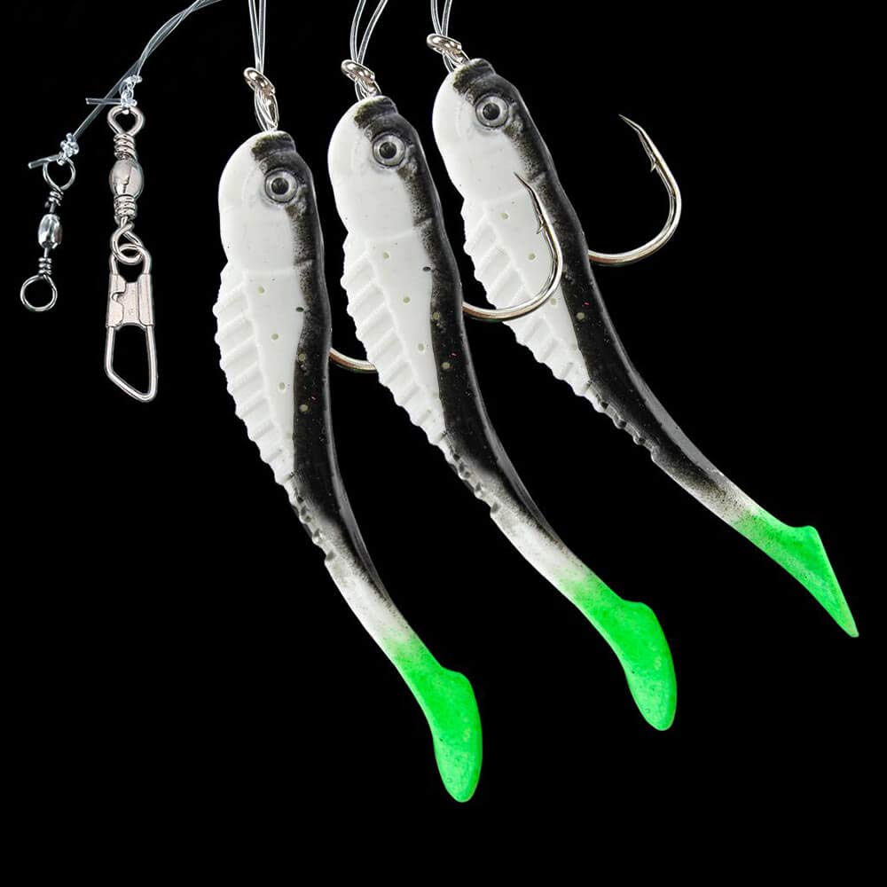 Jenzi Dega Rubber Fish Leader for Pike Fishing with Reflective Foil, Made of 3 Rubber Fish, Three Colours, Line 0.80 mm, Hook Size 7/0 (White/Green)