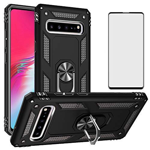 Phone Case for Samsung Galaxy S10 5G with Tempered Glass Screen Protector Cover and Stand Ring Magnetic Rugged Metal Silicone Rubber Holder Hard Shockproof Heavy Duty Accessories S105G 10S G5 Black