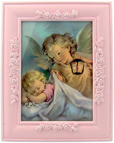 Guardian Angel with Sleeping Baby in Pink Resin Photo Frame, 5 Inch