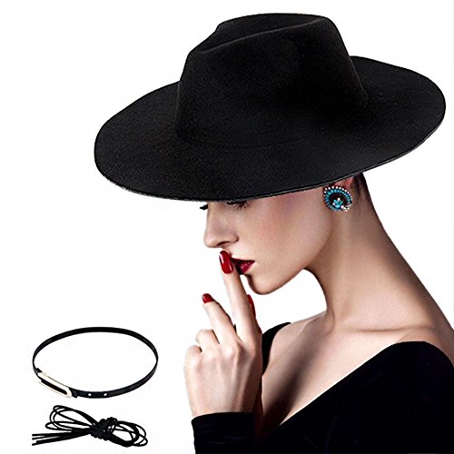 DoubleZhou Women Wide Brim Hat Black Felt Fedora Hat Elegant Luxury Wide Panama Style Hat Cap Vintage Jazz Hat With Belt