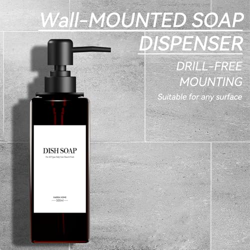 4 x Wall Mounted Shower Soap Dispenser, Bathroom Soap Dispenser Without Drilling 500 ml Brown Shower Dispenser Shampoo and Body Wash with Funnel and Three-Dimensional Labels for Bathroom, Kitchen