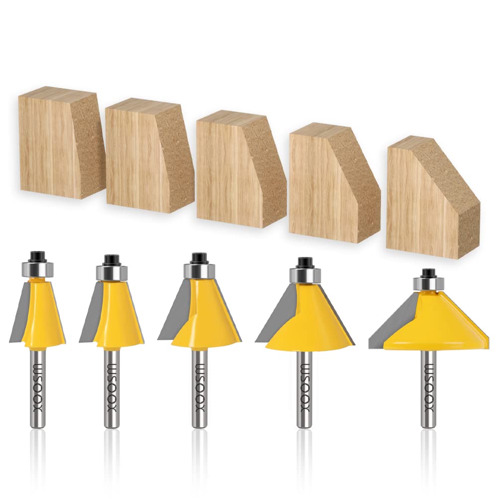 WSOOX 5PCS Chamfer Router Bit Set 1/4" Shank Edge Forming Cutter with Bearing Guided Bevel Edging Router Bit (11.25°,15°,22.5°,30°,45°.)