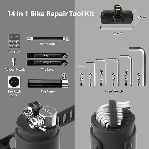 BONE Kit de reparación de bicicletas portátil, kit de herramientas de reparación de bicicletas 14 en 1 con bomba de neumáticos y kits de herramientas de llave, accesorios de bicicleta para ciclismo