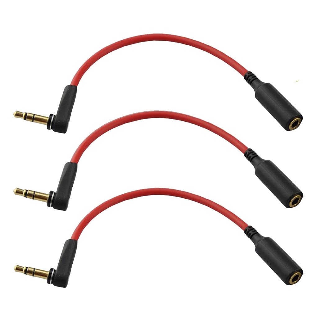 LiKuCo 3Pack 6 inch 3-Pole 3.5mm Male Right Angle to 3.5mm Female Stereo Audio Cable Headset Extension Cable,M to F Audio Cable (Red)