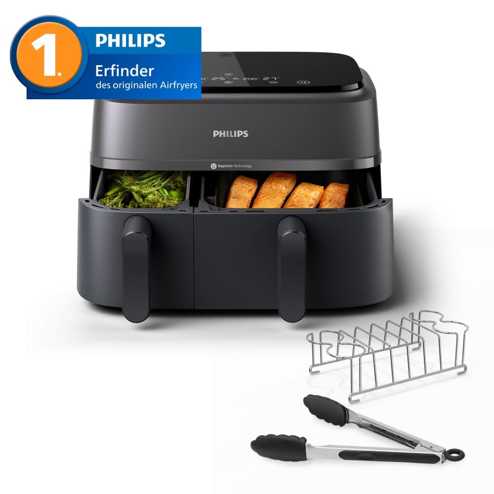 Philips Airfryer 3000 Series Dual Basket, Heißluftfritteuse mit 2 Körben und Frühstücks-Set, 9L, RapidAir Plus Technologie, 90% weniger Fett, Energieeffizient, HomeID App (NA350/03) 2