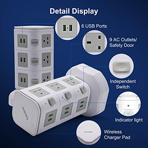 bedee Tower Extension Lead, Surge Protector Extension Lead with 6 USB Slots and 9 Outlet Plugs, Power Strip Tower with 10W Fast Wireless Charger, 6.5ft Extension Cord