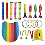 18 Pack Underwater Swimming/Diving Kids Pool Party Toys Including Sticks (5pcs), Rings(4pcs), Toypedo Bandits(4Pcs), Aquatic Dive Balls(3pcs), Kickboard(1pcs) and a Drawstring Bag