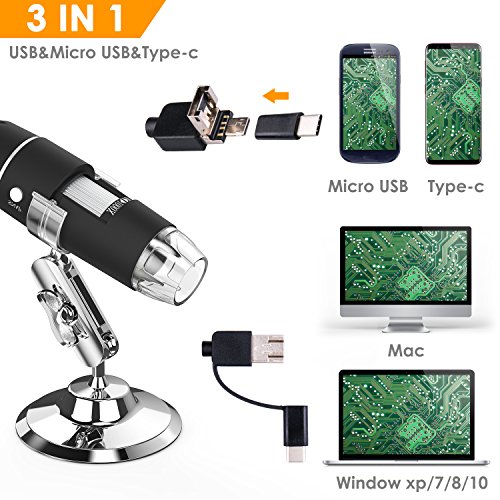 USB Microscope, Splaks 1000x High Power 3 in 1 PCB Microscope Camera USB Digital Microscope with Microscope Stand and 8 Led Lights for Kids Compatible with Windows, Mac and Android