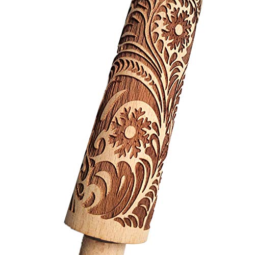 SeaHome Wooden Rolling Pins with Flower Embossing, Paisley Embossed Natural Wood Carved Snowflake Vine Plant Engraved Rolling Pin for Christmas Baking Cookies, Biscuits (35cm / 13.7") - Thumbnail 4