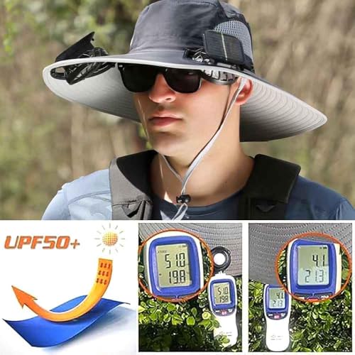 Solar Fan Sun Hat for Men Wide Brim Hat Outdoor Sun Cap with 2 Solar Fan Fishing Hat, UPF 50+, Removable & USB Charging