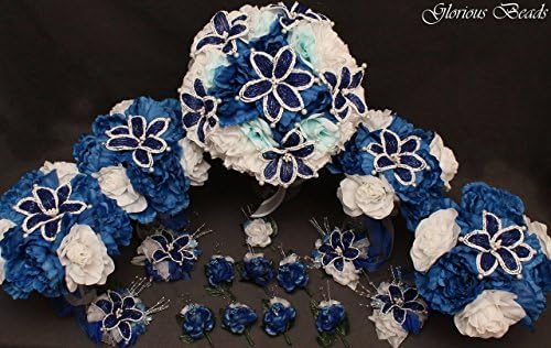 Royal Blue and White Beaded Lily Bridal Wedding Flower 18 piece set with Peonies and Roses~ Unique French beaded flowers. Bouquets Corsages and Boutonnieres