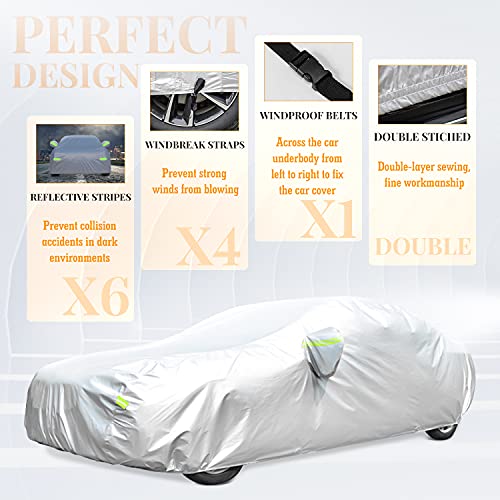 Car Cover, GORDITA Car Covers Waterproof All Weather Snowproof Windproof Scratch Resistant Outdoor UV Protection with 6 Reflective Strips, Universal Fit for Sedan (Up to 185\