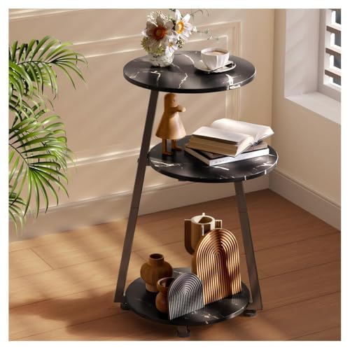 Simple Wisdom Mesa Auxiliar,Mesa Auxiliar Sala Redonda Lateral 3 Niveles,Mesita de Noche,Buros para Recamara,para Sala de Estar, Dormitorio, Estilo Industrial,Tamaño: 30 * 30 * 60 CM. (Mármol+Negro)