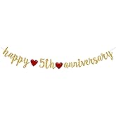 Happy 5th Anniversary Banner/Boys Girls 5th Birthday Party Decor / 5th Wedding Anniversary Party Decorations Gold Glitter Pre-Strung
