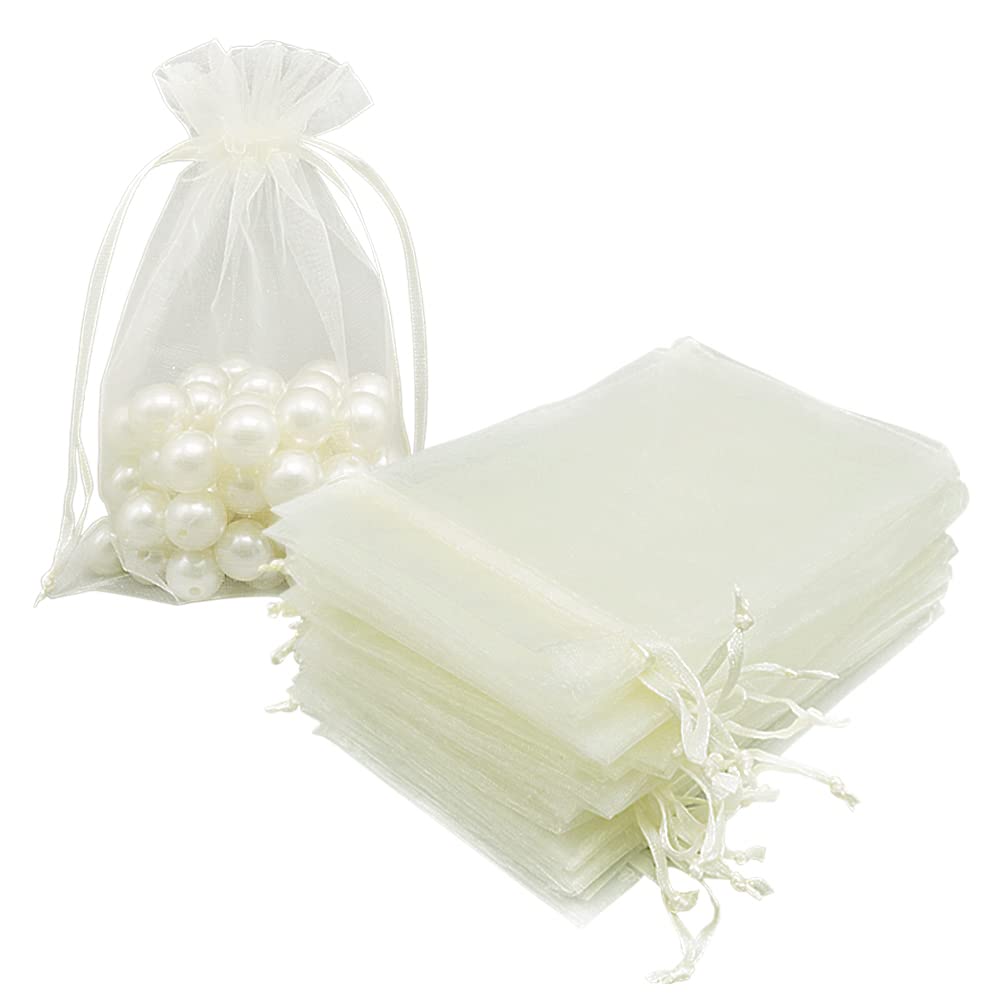 Organza Bags 10x15 cm 100pcs, Beige Mesh Jewelry Pouches Candy Drawstring Gift Bags Small Sachet for Christmas Wedding Giveaways