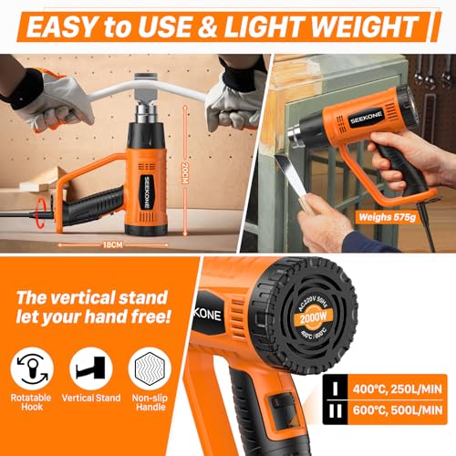 Heat Gun, SEEKONE 2000W Professional Heavy Duty Hot Air Gun Kit 400℃ & 600℃ Dual-Temperature Settings with Flame Retardant Protective Cover, 4 Nozzles for Crafts, Shrinking PVC, Stripping Paint
