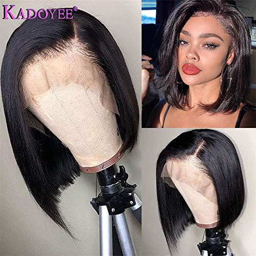 Kadoyee Hair Short Bob Human Hair Lace Front Wig Brazilian Virgin Glueless Silky Straight Hair Wigs with Baby Hair for Black Women 13x4 Lace Wig Natural Color 130% Density 8in